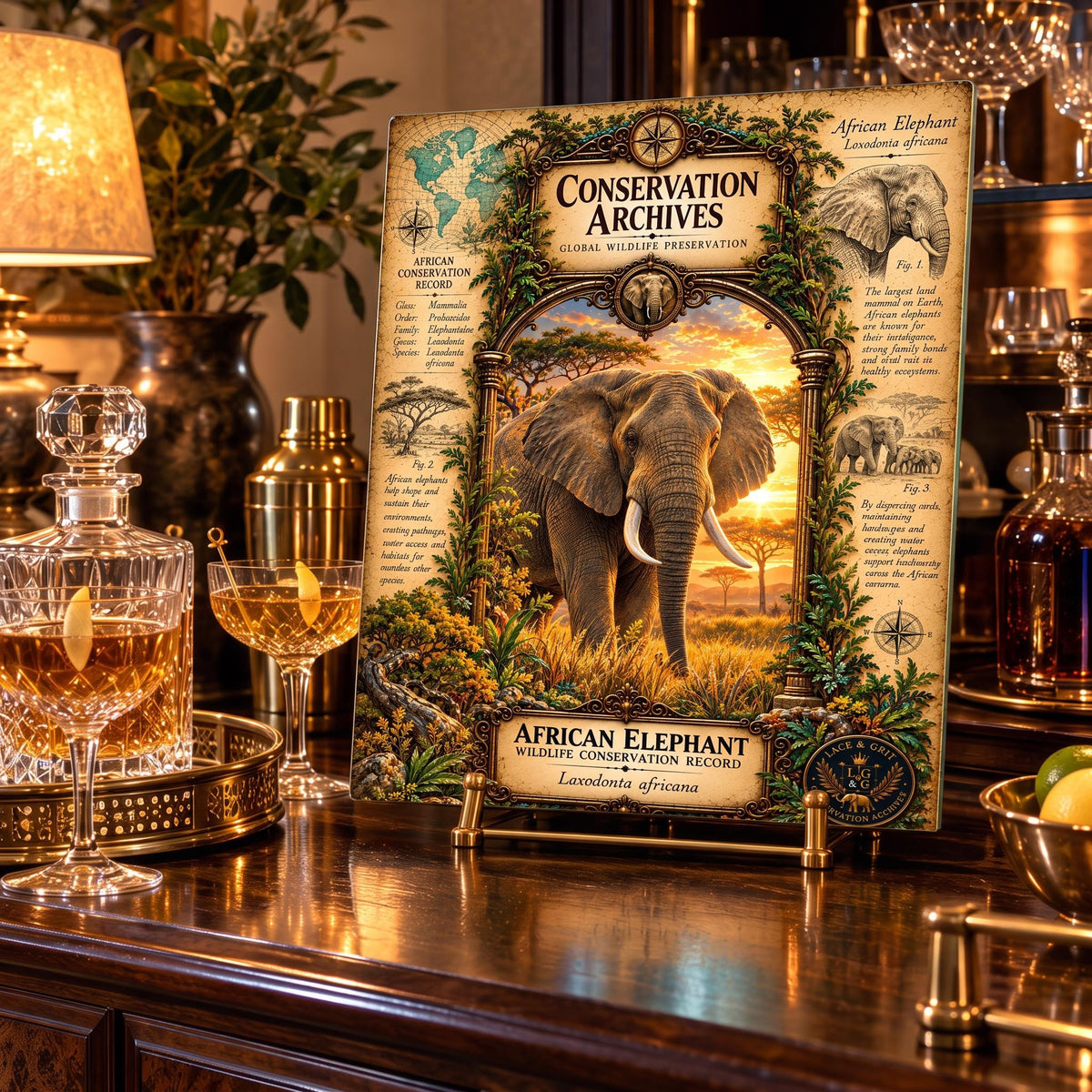 African Elephant Tempered Glass Art Board, Conservation Archives African Wildlife Decor