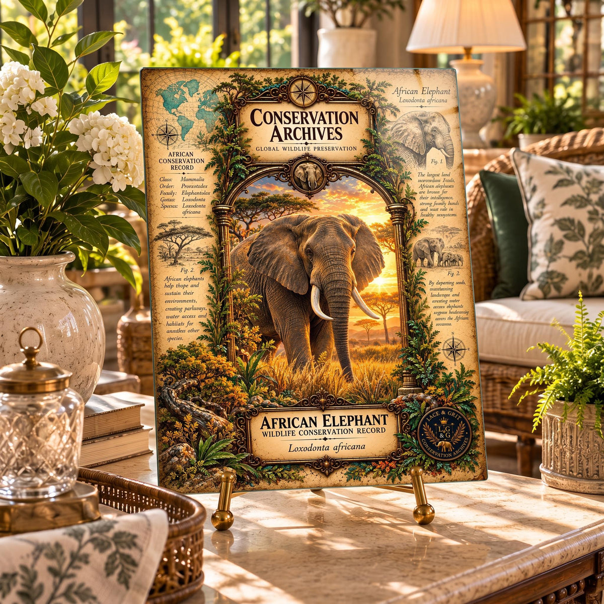 African Elephant Tempered Glass Art Board, Conservation Archives African Wildlife Decor