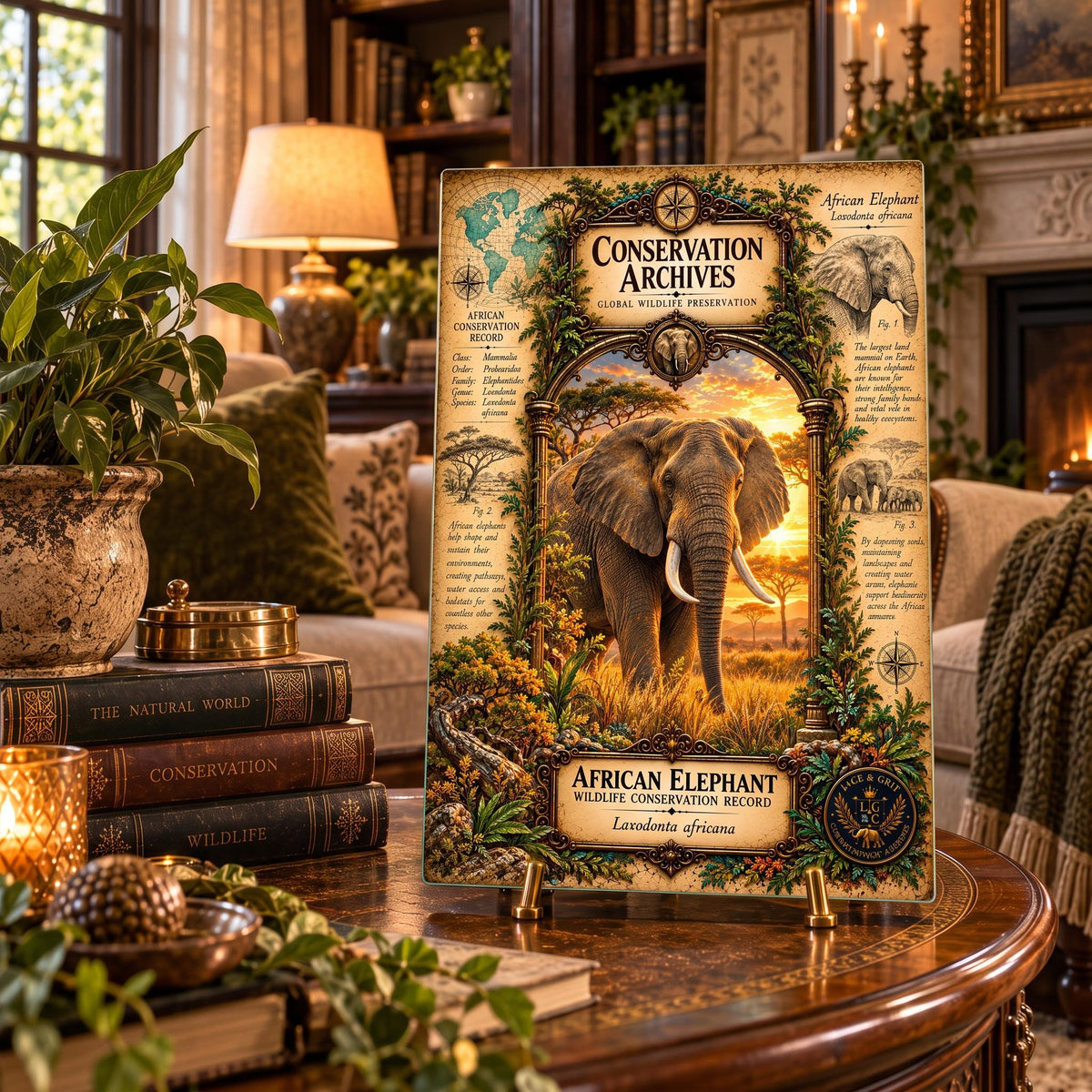 African Elephant Tempered Glass Art Board, Conservation Archives African Wildlife Decor