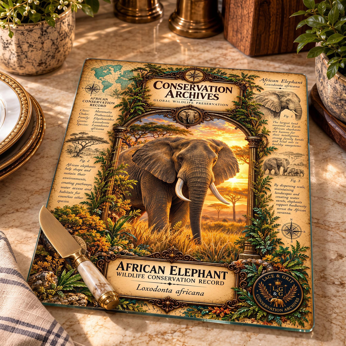 African Elephant Tempered Glass Art Board, Conservation Archives African Wildlife Decor