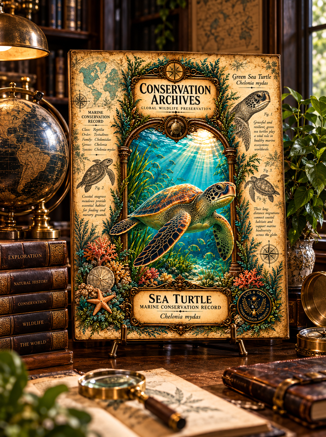 Sea Turtle Tempered Glass Art Board, Conservation Archives Marine Wildlife Decor