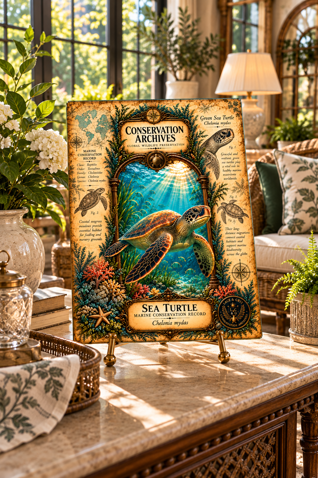 Sea Turtle Tempered Glass Art Board, Conservation Archives Marine Wildlife Decor