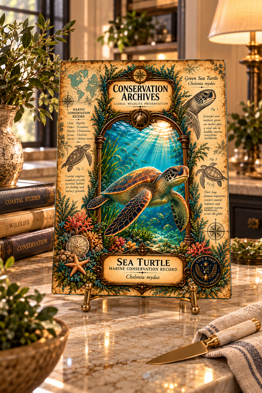 Sea Turtle Tempered Glass Art Board, Conservation Archives Marine Wildlife Decor