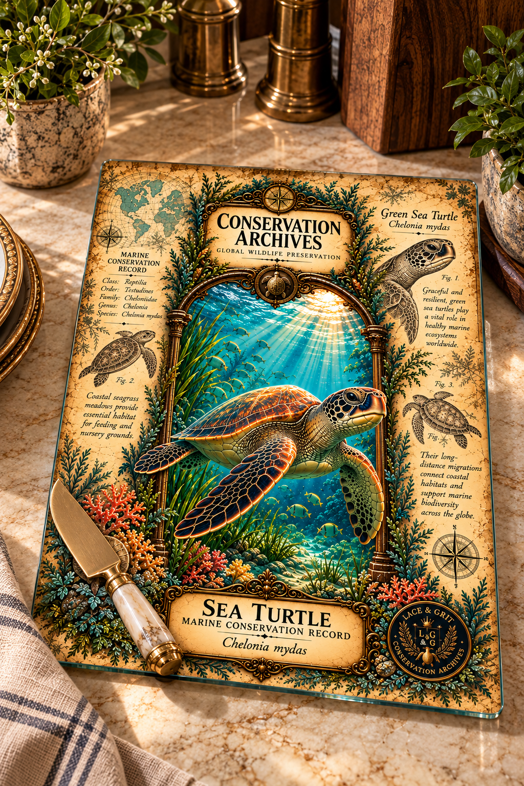 Sea Turtle Tempered Glass Art Board, Conservation Archives Marine Wildlife Decor