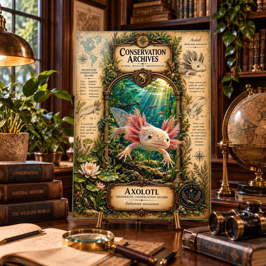 Axolotl Tempered Glass Art Board, Freshwater Wildlife Decor, Natural History Serving Board