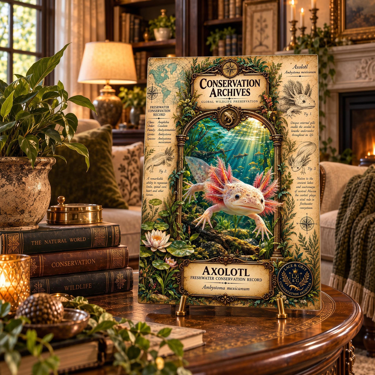 Axolotl Tempered Glass Art Board, Freshwater Wildlife Decor, Natural History Serving Board