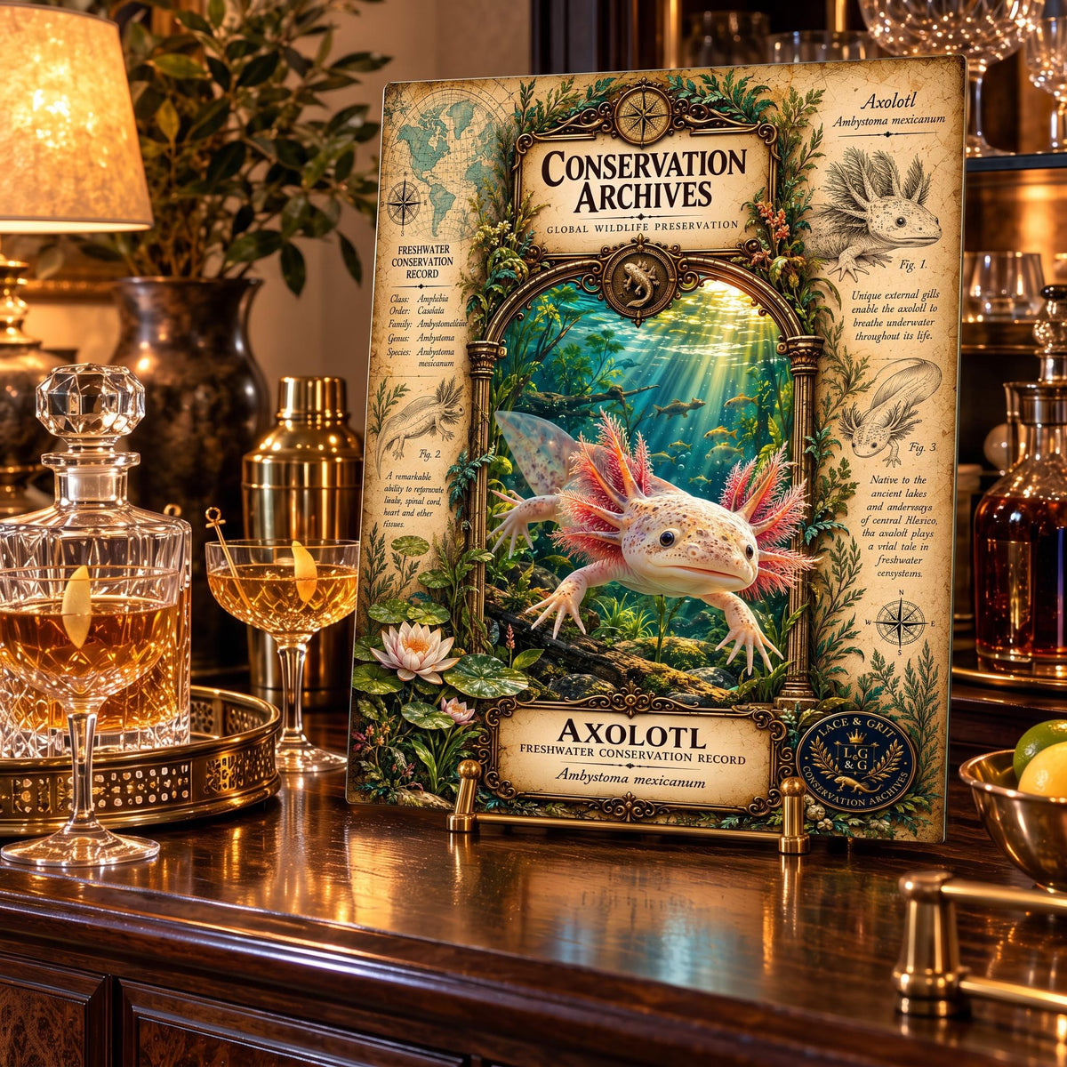 Axolotl Tempered Glass Art Board, Freshwater Wildlife Decor, Natural History Serving Board