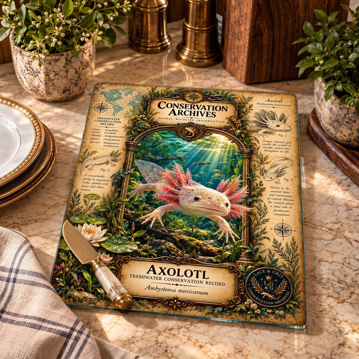Axolotl Tempered Glass Art Board, Freshwater Wildlife Decor, Natural History Serving Board
