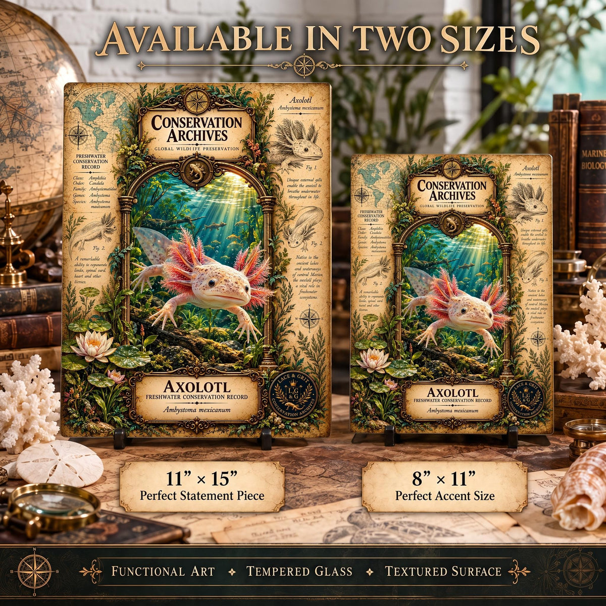 Axolotl Tempered Glass Art Board, Freshwater Wildlife Decor, Natural History Serving Board