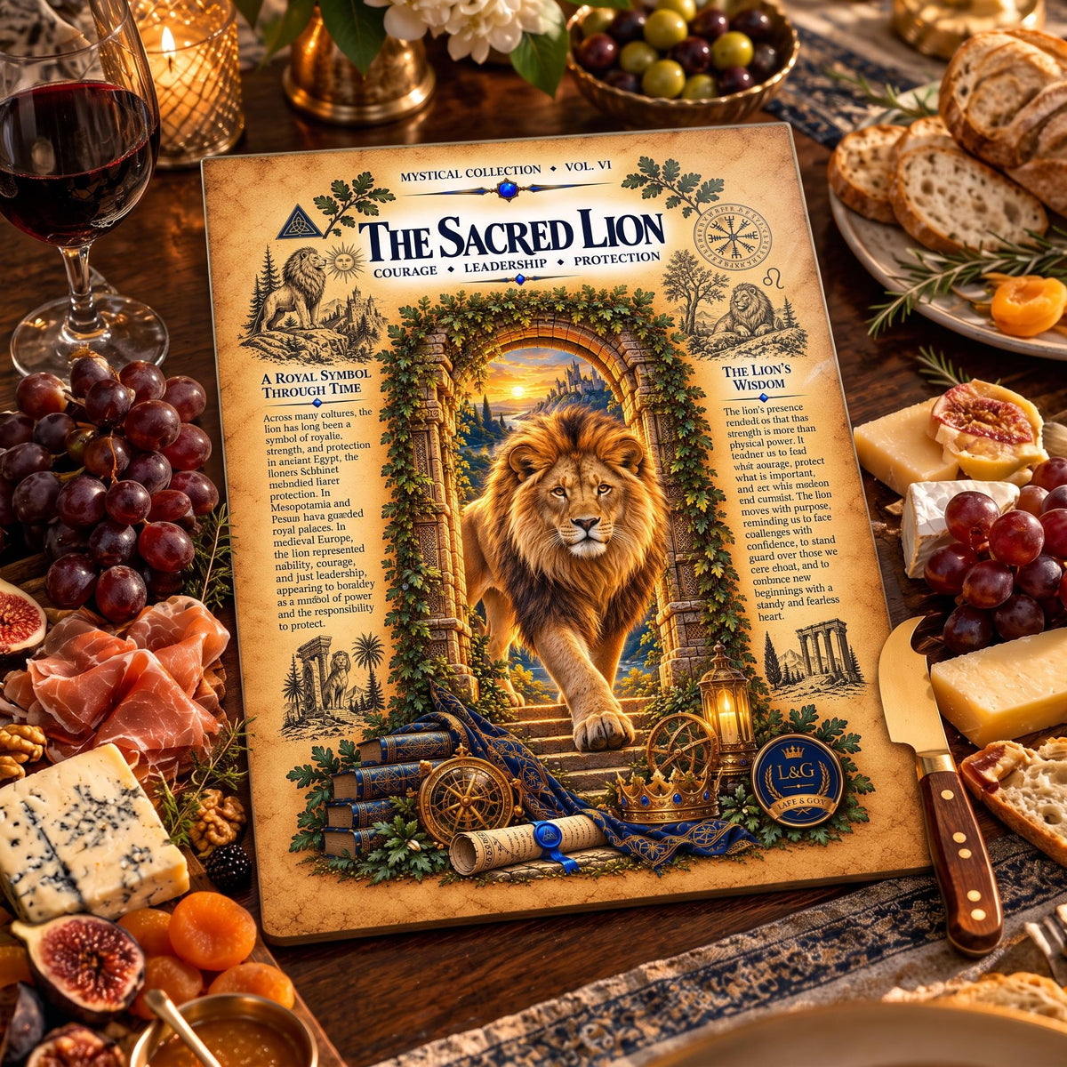 Sacred Lion Tempered Glass Charcuterie Board, Mystical Kitchen Art, Decorative Cutting Board