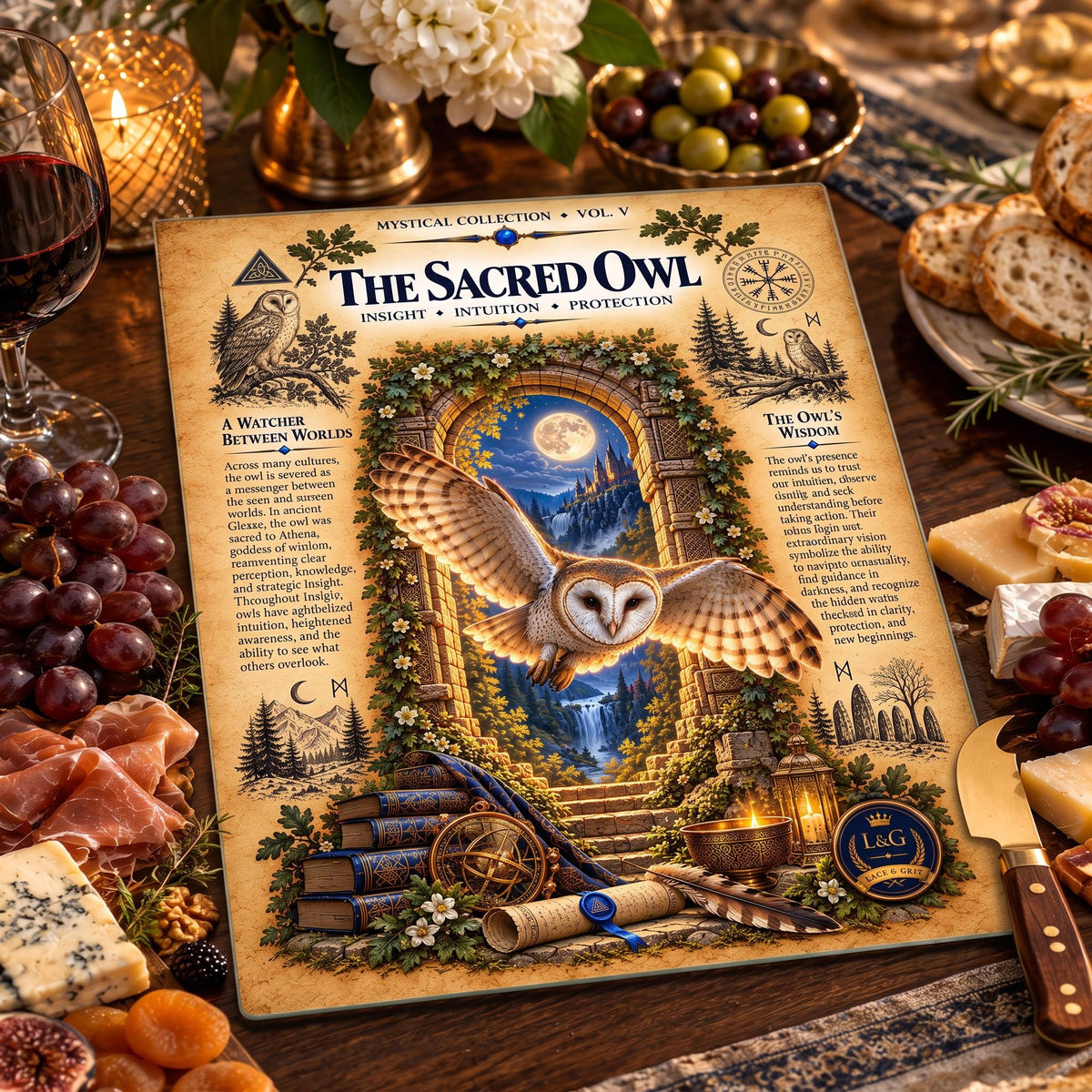 Sacred Owl Tempered Glass Charcuterie Board, Mystical Kitchen Art, Decorative Cutting Board