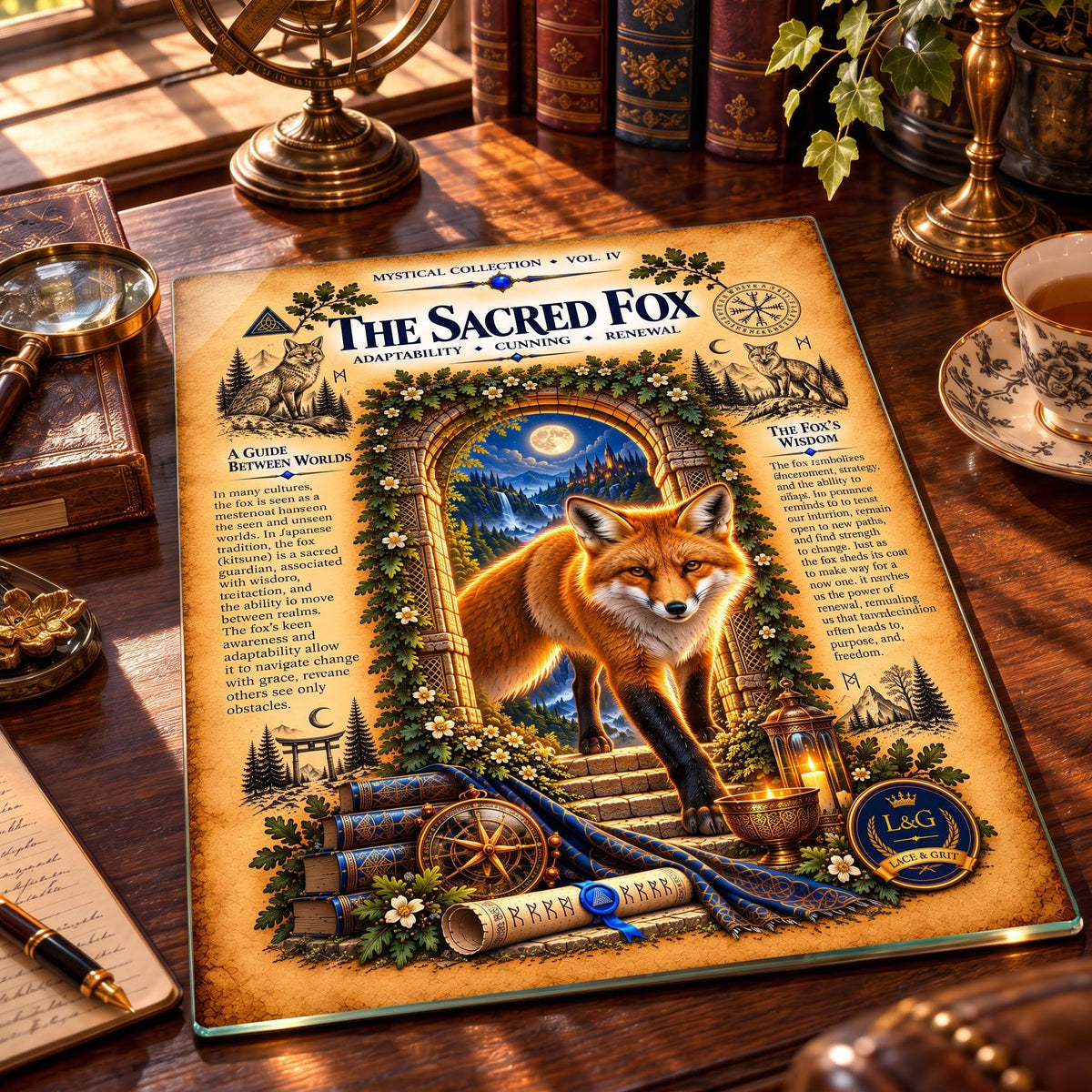 Sacred Fox Tempered Glass Charcuterie Board, Mystical Kitchen Art, Decorative Cutting Board