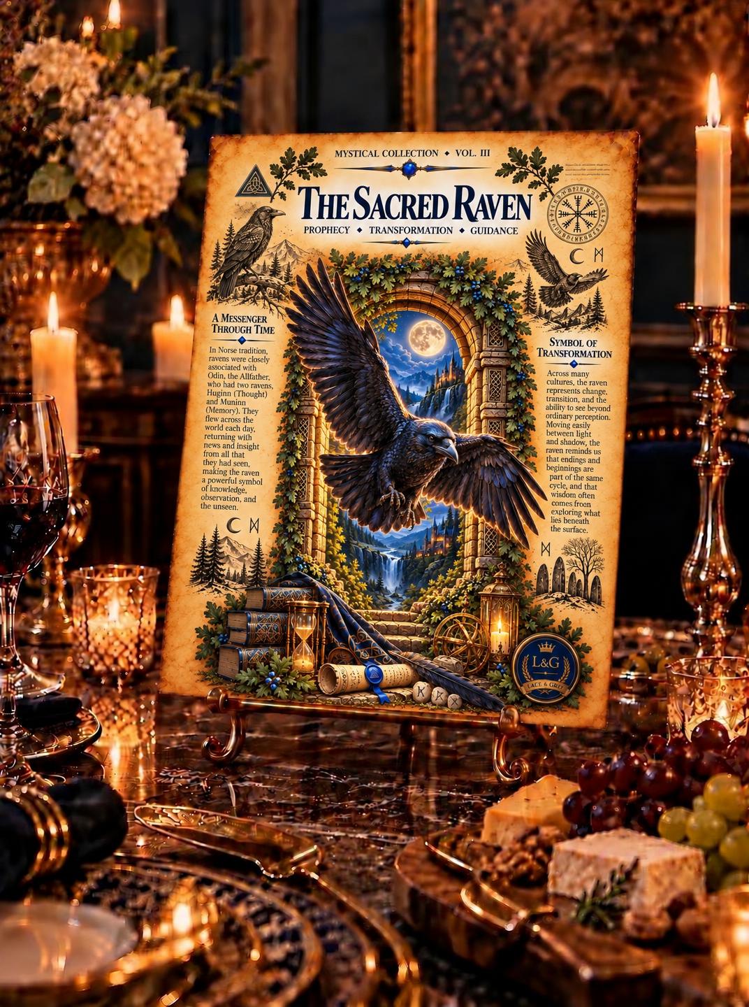 Sacred Raven Tempered Glass Charcuterie Board, Mystical Kitchen Art, Decorative Cutting Board