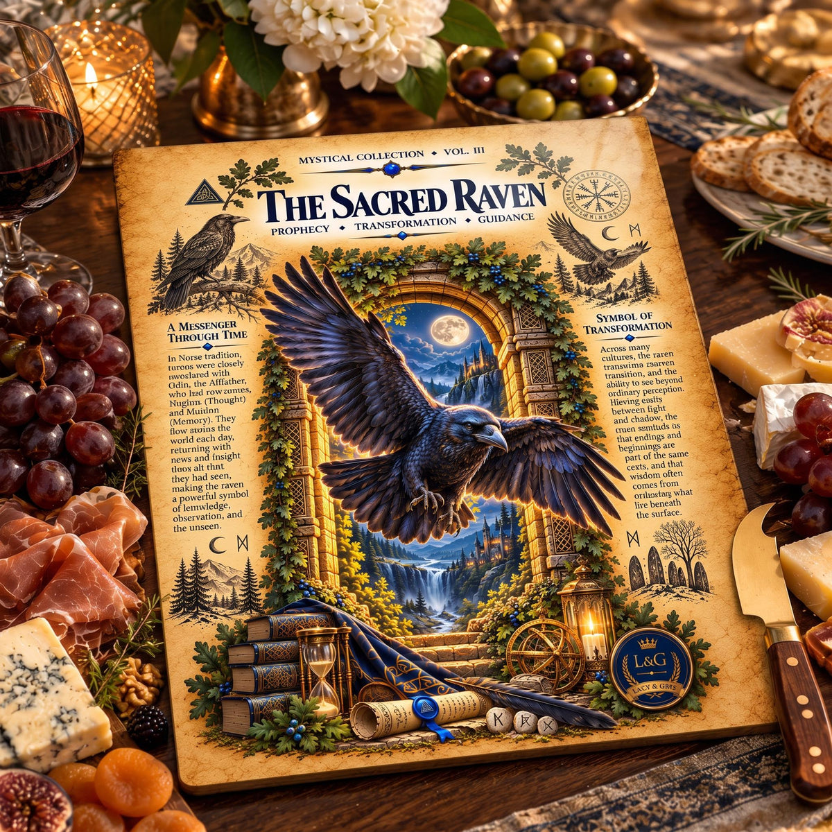 Sacred Raven Tempered Glass Charcuterie Board, Mystical Kitchen Art, Decorative Cutting Board