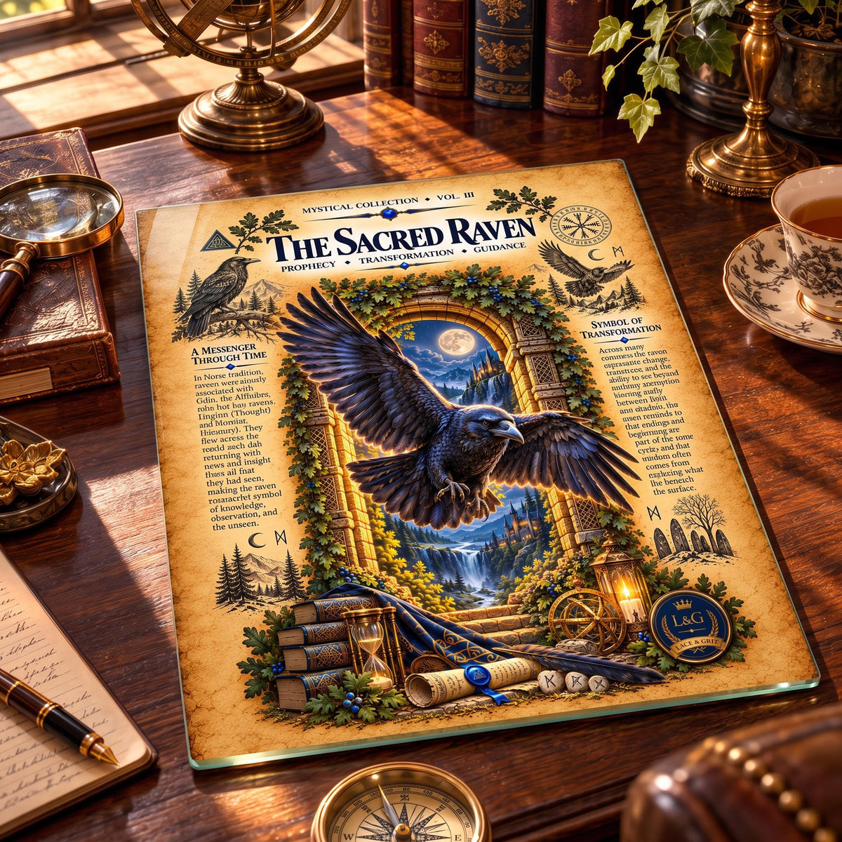 Sacred Raven Tempered Glass Charcuterie Board, Mystical Kitchen Art, Decorative Cutting Board