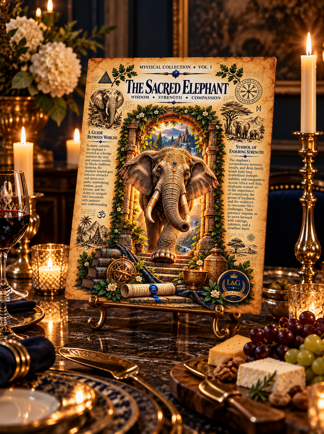 Sacred Elephant Tempered Glass Charcuterie Board, Mystical Kitchen Art, Decorative Cutting Board