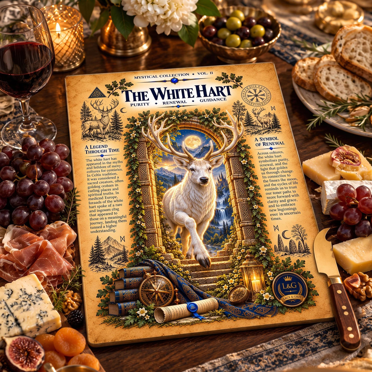 White Hart Tempered Glass Charcuterie Board, Mystical Kitchen Art, Decorative Cutting Board