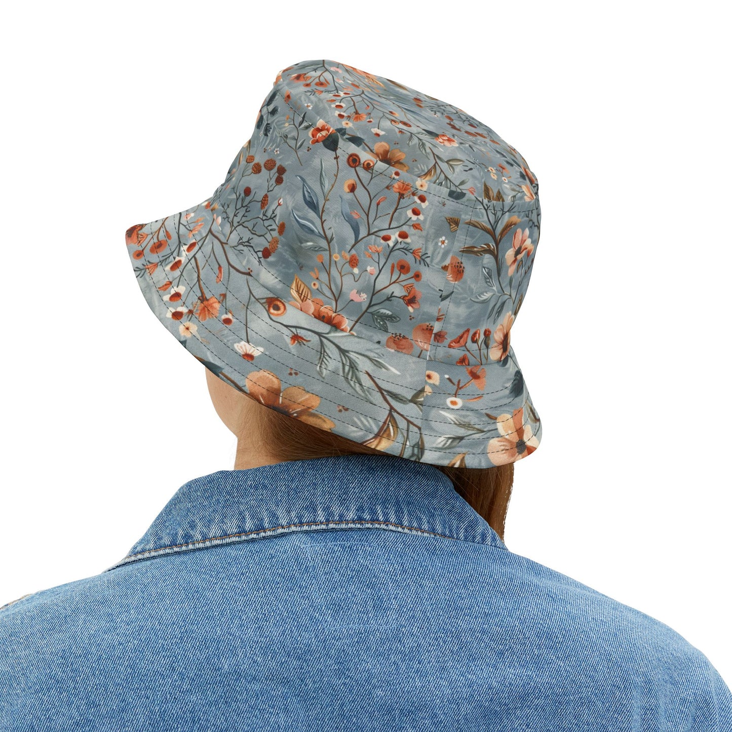 Wildflower Sky Bucket Hat – Rustic Floral Pattern in Dusty Blue & Terra Cotta | Unisex All-Over Print Hat by Lace & Grit
