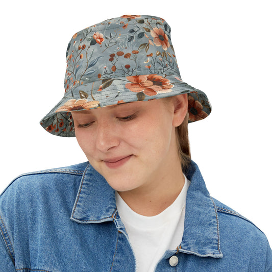 Wildflower Sky Bucket Hat – Rustic Floral Pattern in Dusty Blue & Terra Cotta | Unisex All-Over Print Hat by Lace & Grit