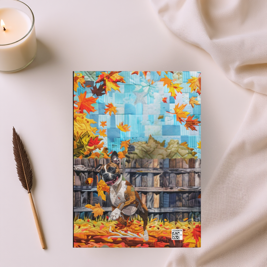 Quilted-Look Boxer Journal - Playful Autumn Leaves Scene, Dog Gift