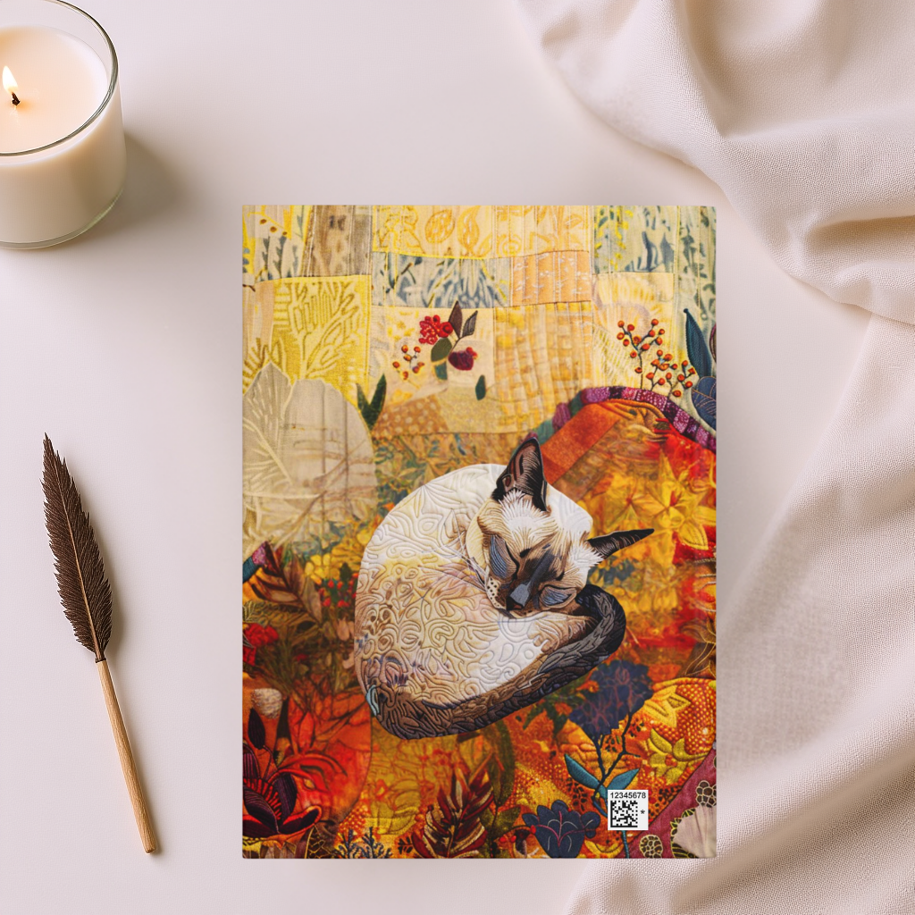 Quilted-Look Siamese Cat Journal - Cozy Autumn Nap Scene, Cat Gift