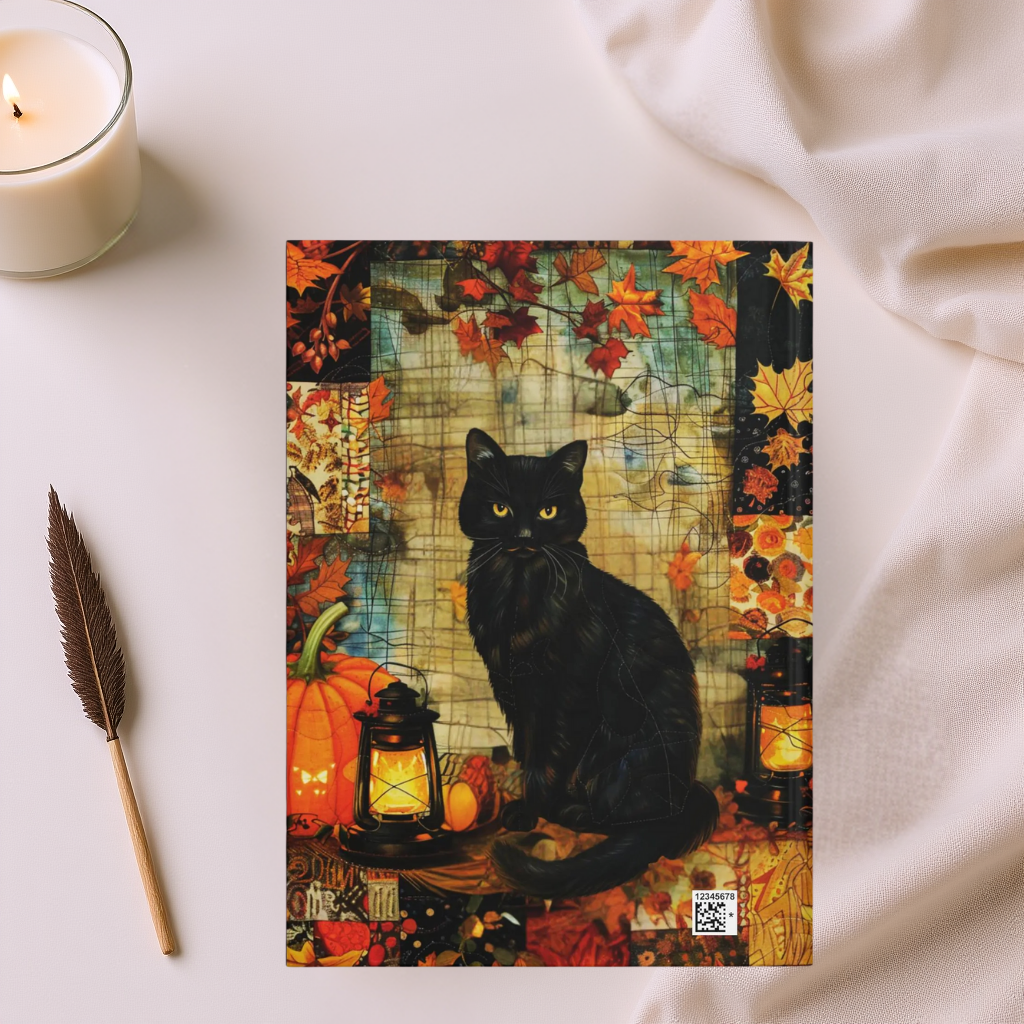 Quilted-Look Black Cat Journal - Autumn Lantern Scene, Cat Lover Gift