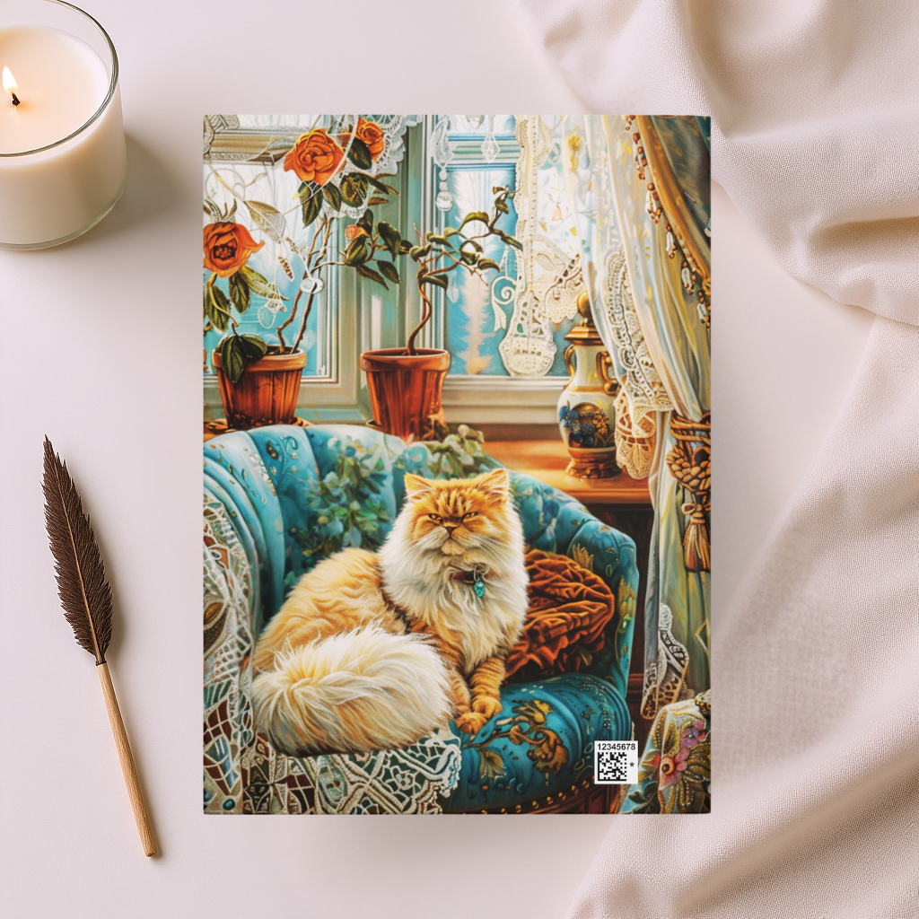 Quilted-Look Persian Cat Journal - Vintage Parlor Scene, Cat Lover Gift
