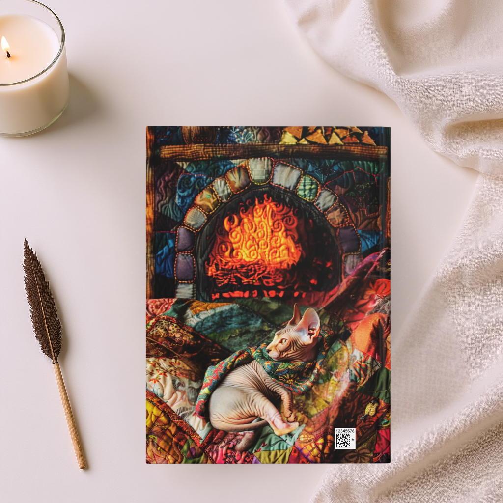 Quilted-Look Sphynx Cat Journal - Fireside Scene, Cozy Cat Lover Gift