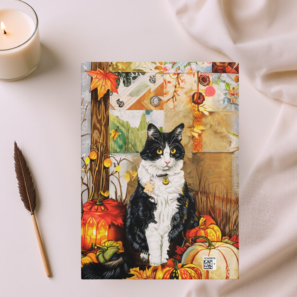 Quilted-Look Tuxedo Cat Journal - Autumn Lantern Scene, Cat Lover Gift