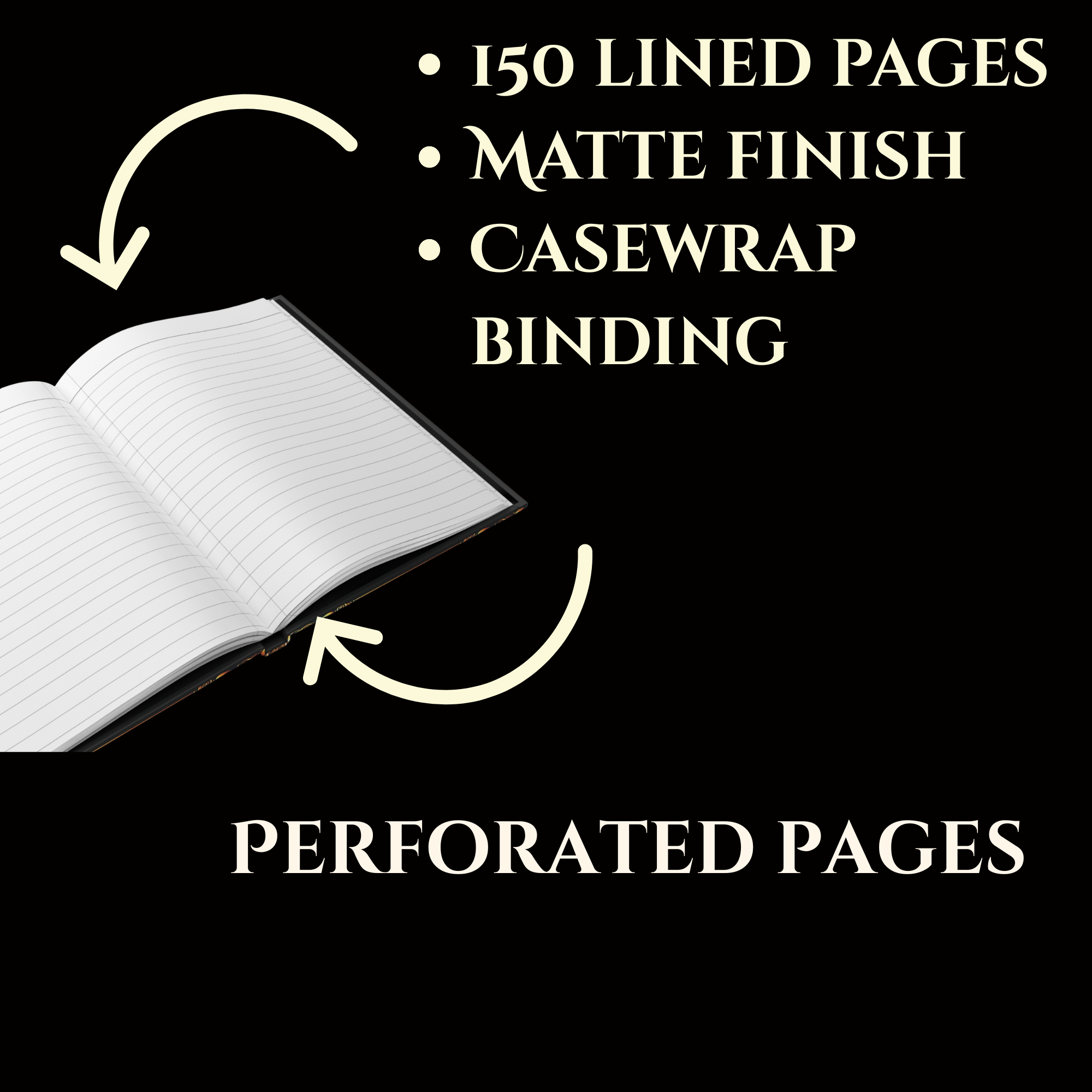 Open notebook with text highlighting features on a black background