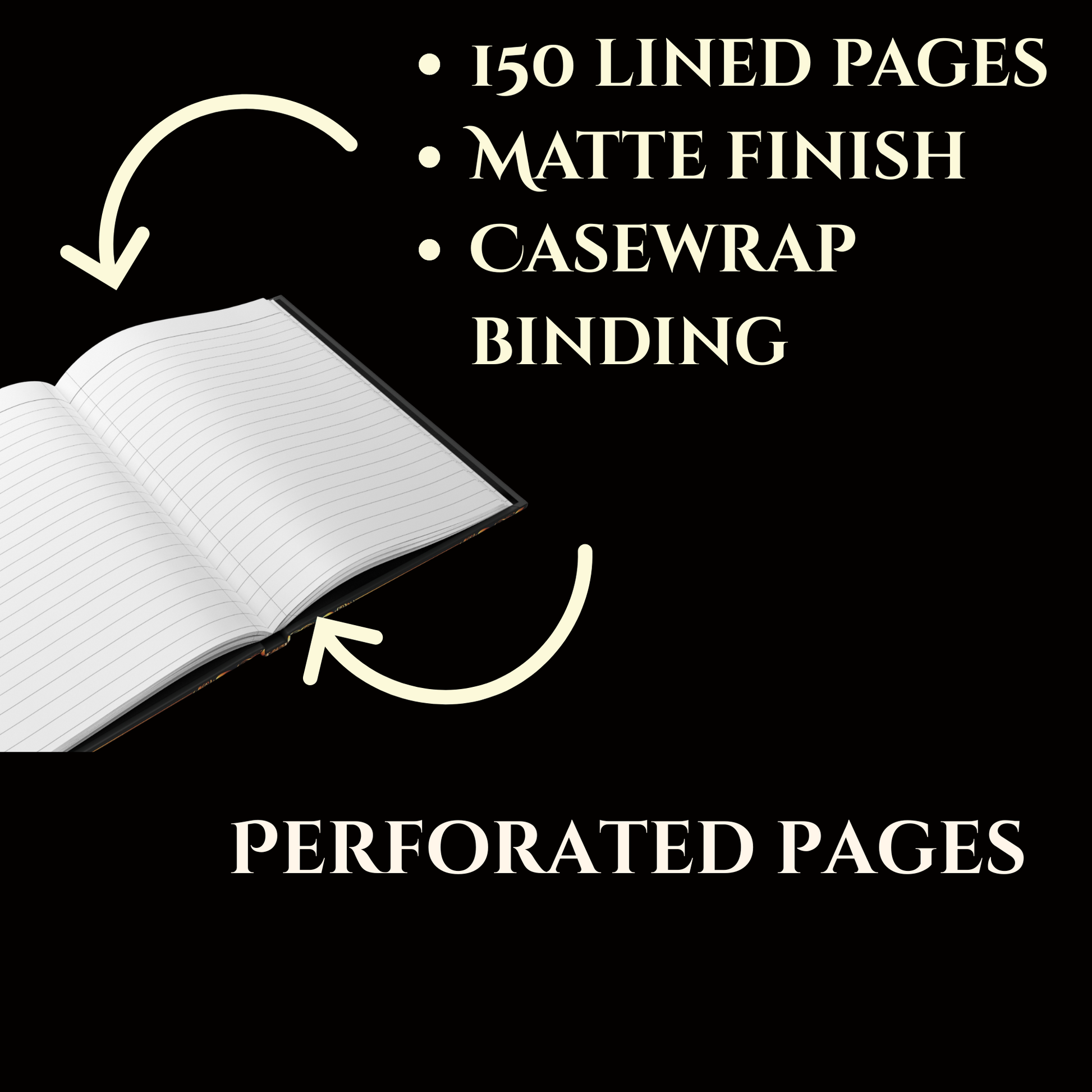 Open notebook with text highlighting features on a black background