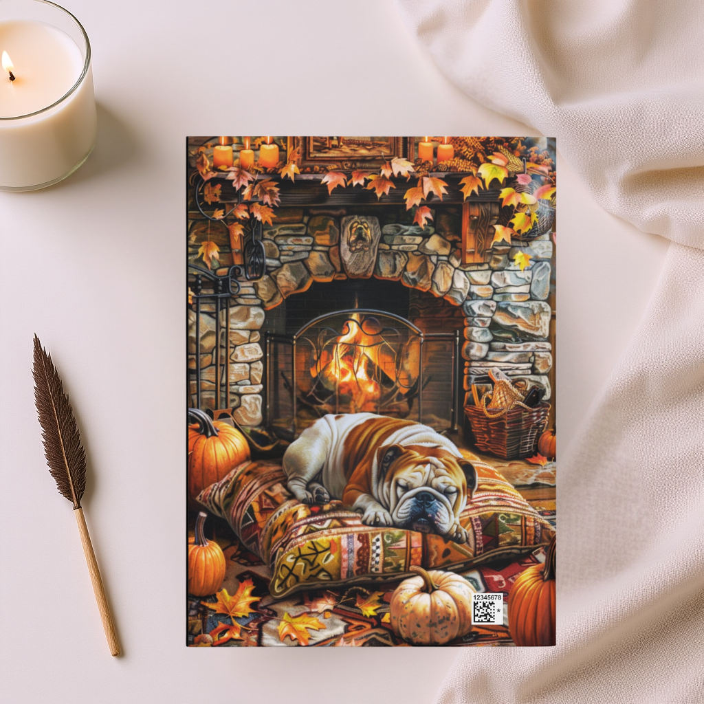 Quilted-Look Bulldog Journal - Cozy Fireplace Scene, Dog Lover Gift