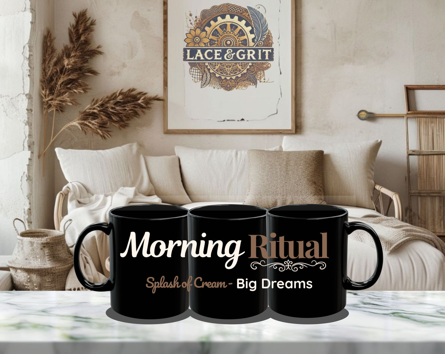 Morning Ritual Coffee Mug – Black Ceramic Mug for Intentional Living – Big Dreams Mug – Boho Morning Gift – Lace and Grit