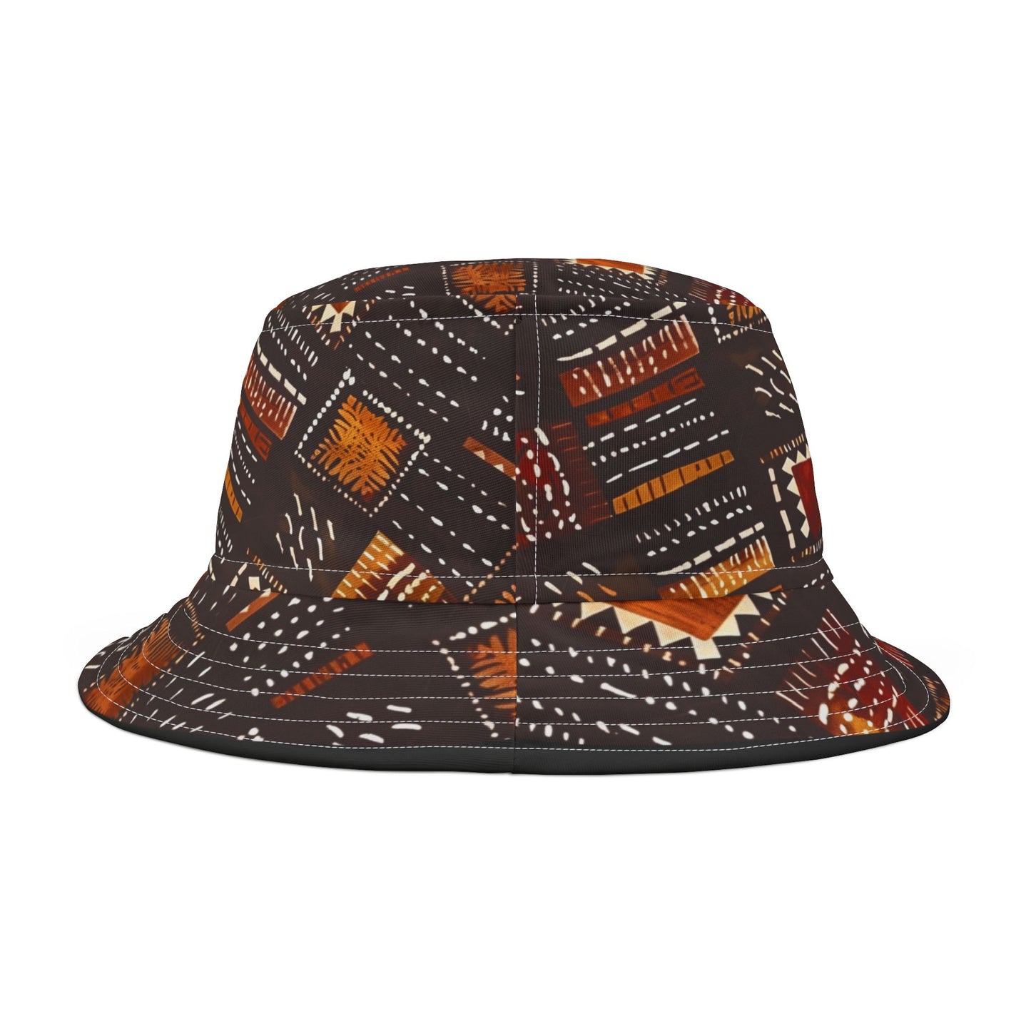 Amber Dusk Bucket Hat – Tribal Patch Pattern in Copper & Chestnut | Unisex All-Over Print Hat by Lace & Grit