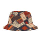 Rustic Rhythm Bucket Hat – Patchwork Stitch Pattern in Russet & Navy | Unisex All-Over Print Hat by Lace & Grit