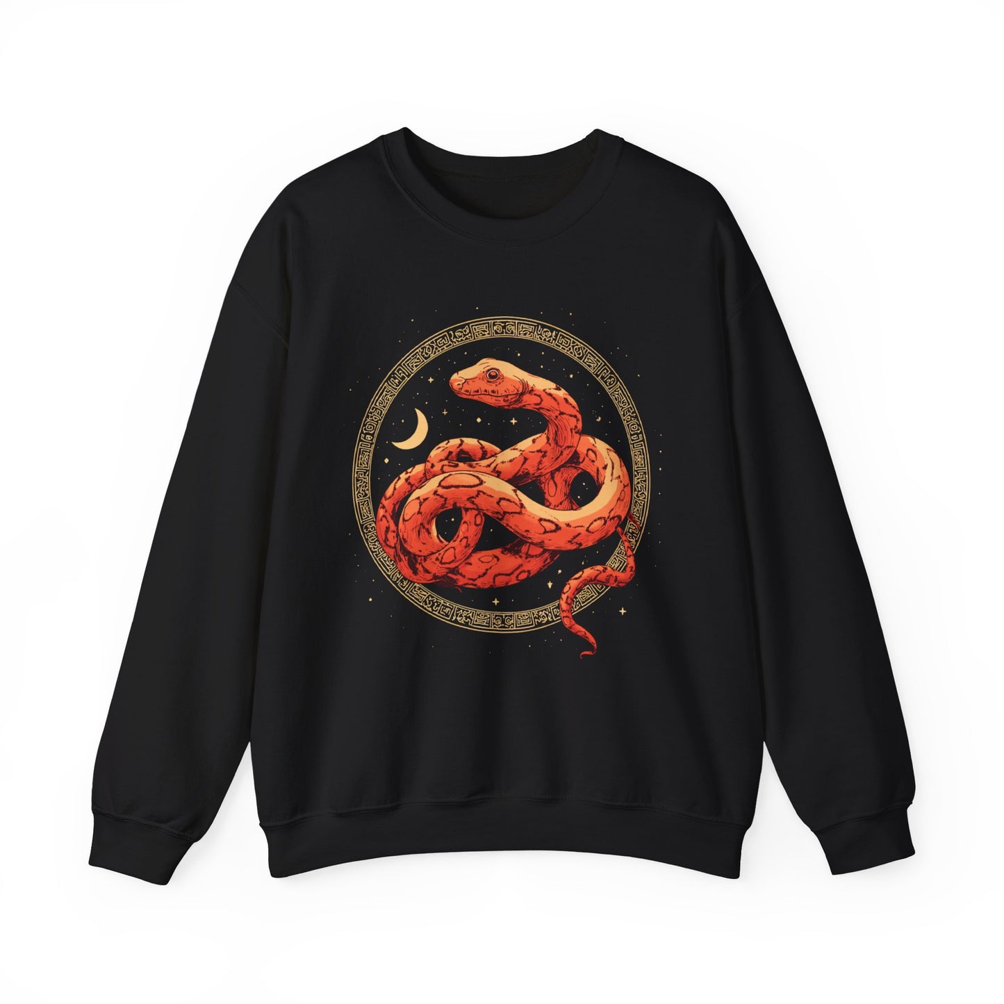 Celestial Serpent Sweatshirt – Boho Lunar Snake Design in Gold & Ember | Unisex Fleece by Lace & Grit