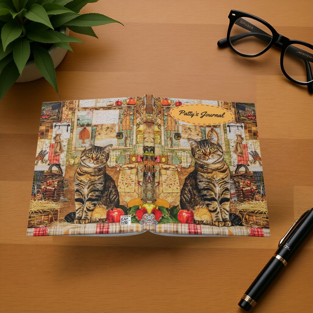 Quilted-Look Tabby Cat Journal - Country Kitchen Scene, Cat Lover Gift