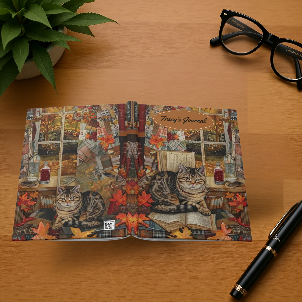 Quilted-Look Scottish Fold Journal - Autumn Study Scene, Cat Lover Gift