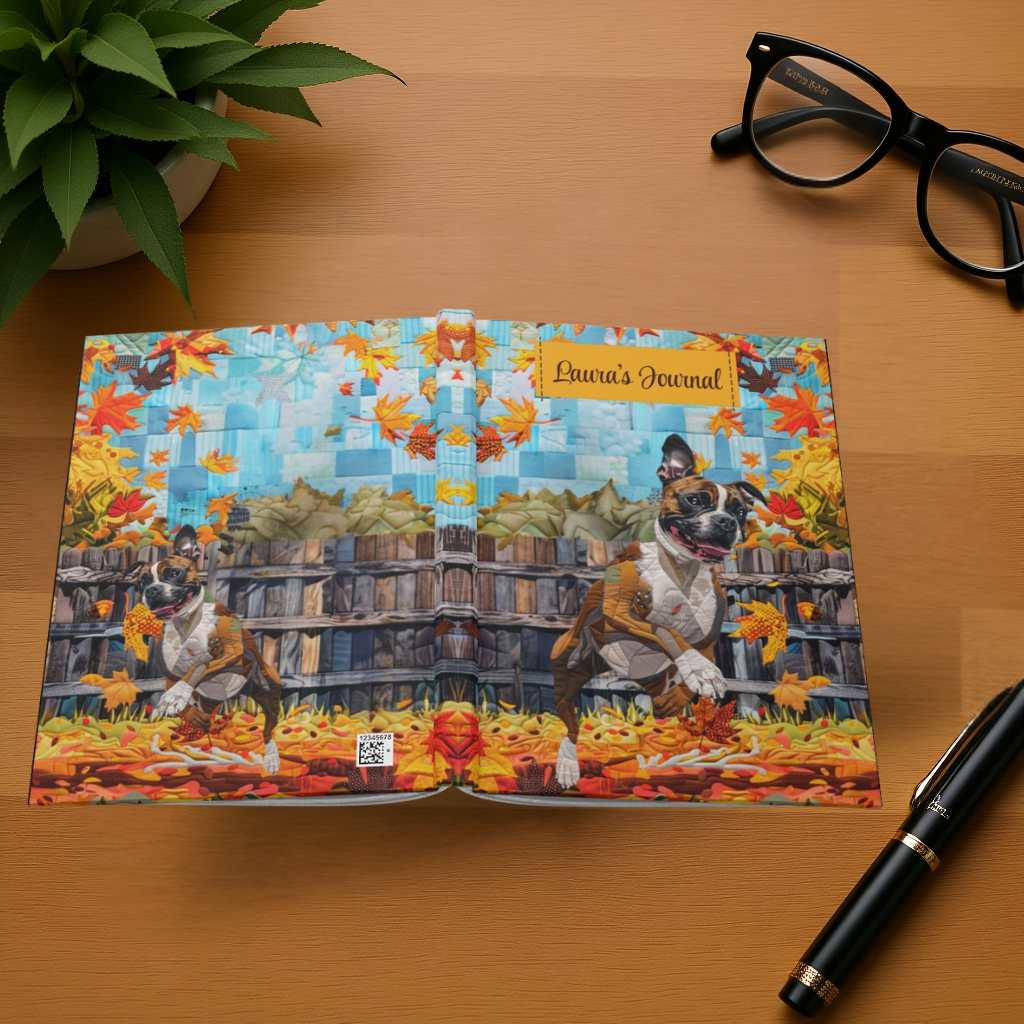 Quilted-Look Boxer Journal - Playful Autumn Leaves Scene, Dog Gift