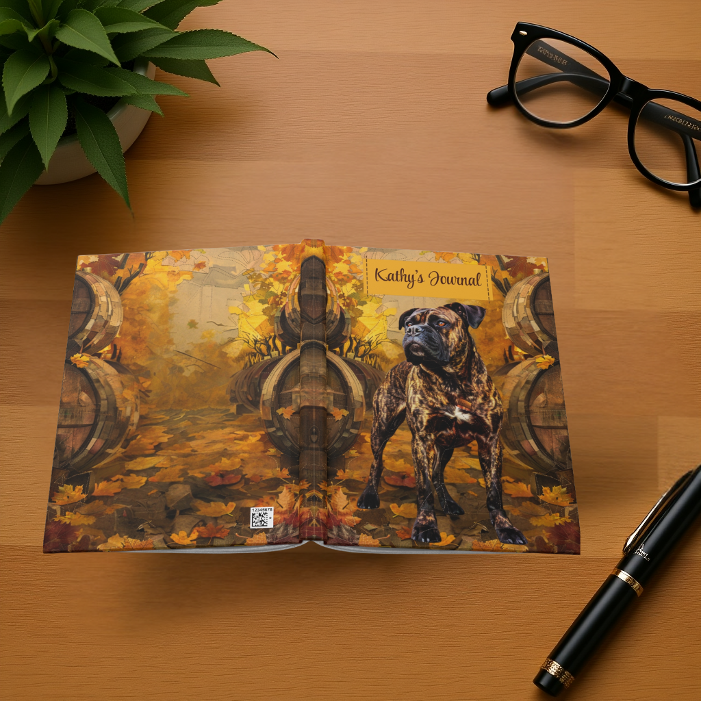Quilted-Look Brindle Boxer Journal - Autumn Vineyard Scene, Dog Gift
