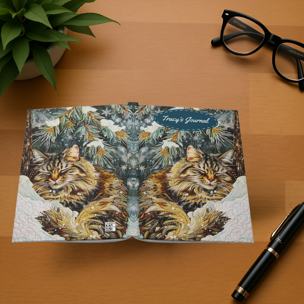 Quilted-Look Norwegian Forest Cat Journal - Winter Scene, Cat Gift