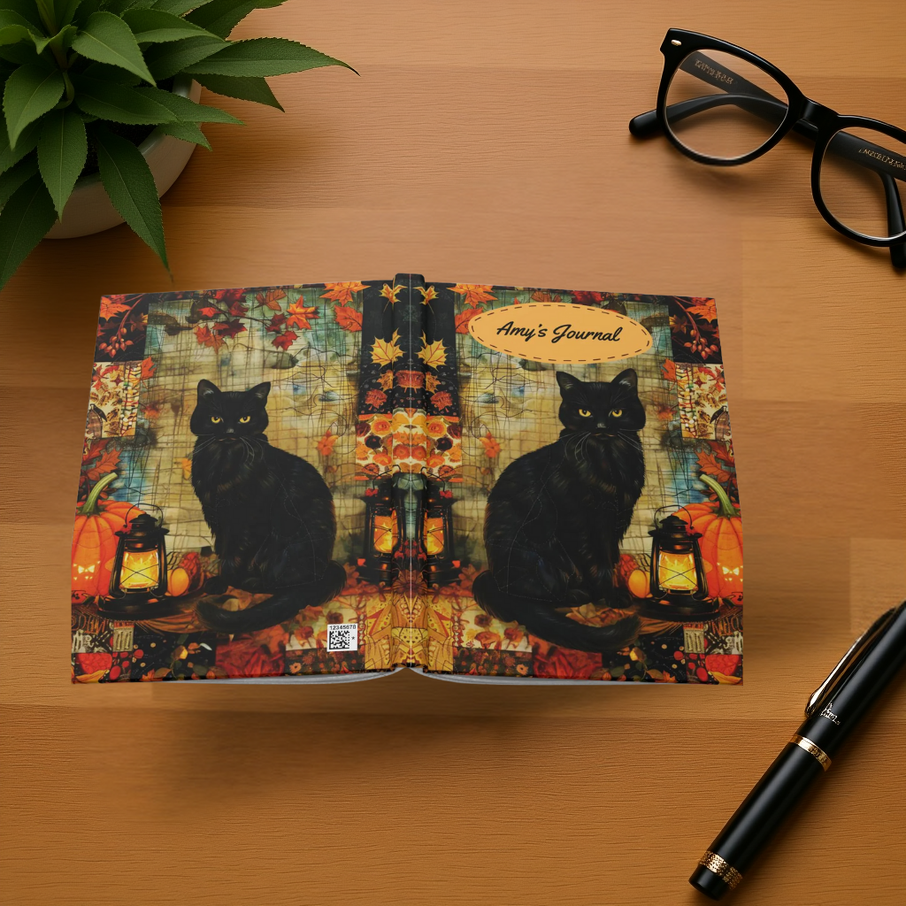 Quilted-Look Black Cat Journal - Autumn Lantern Scene, Cat Lover Gift