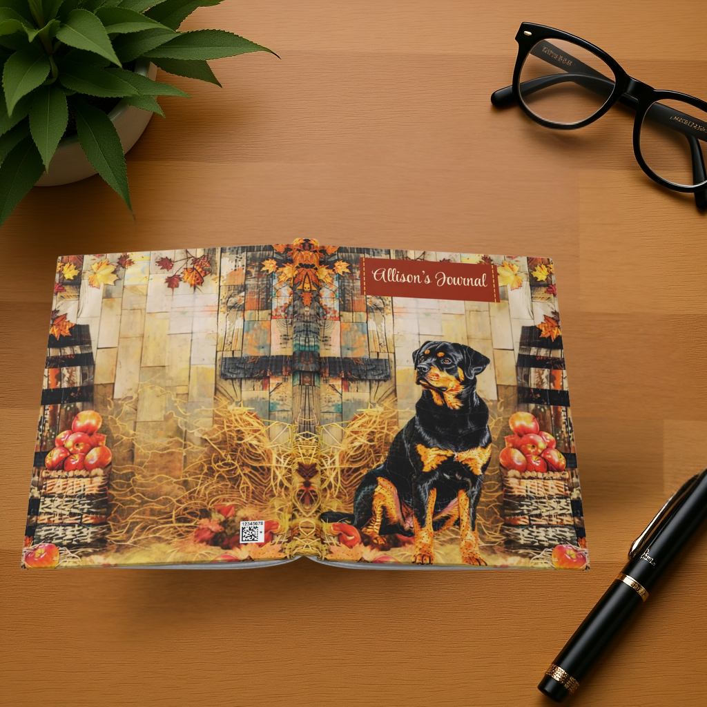 Quilted-Look Rottweiler Journal - Rustic Fall Study Scene, Dog Lover Gift