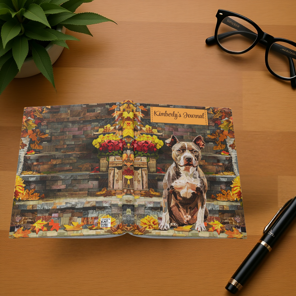 Quilted-Look Pit Bull Journal - Autumn Porch Scene, Dog Lover Gift