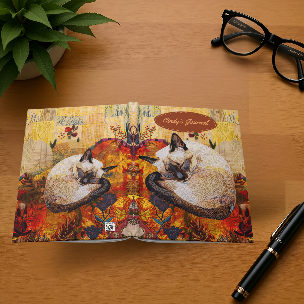 Quilted-Look Siamese Cat Journal - Cozy Autumn Nap Scene, Cat Gift