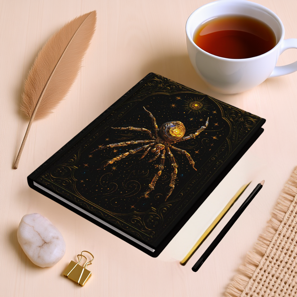 Steampunk Spider Journal – Mechanical Web Design with Vintage Clockwork Details – Hardcover Writing Notebook – Optional Personalization