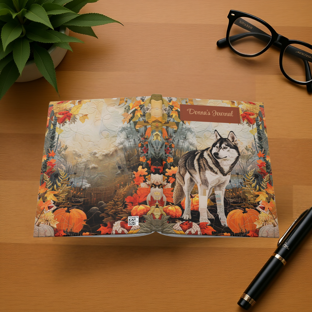 Quilted-Look Husky Journal - Autumn Forest Scene, Dog Lover Gift