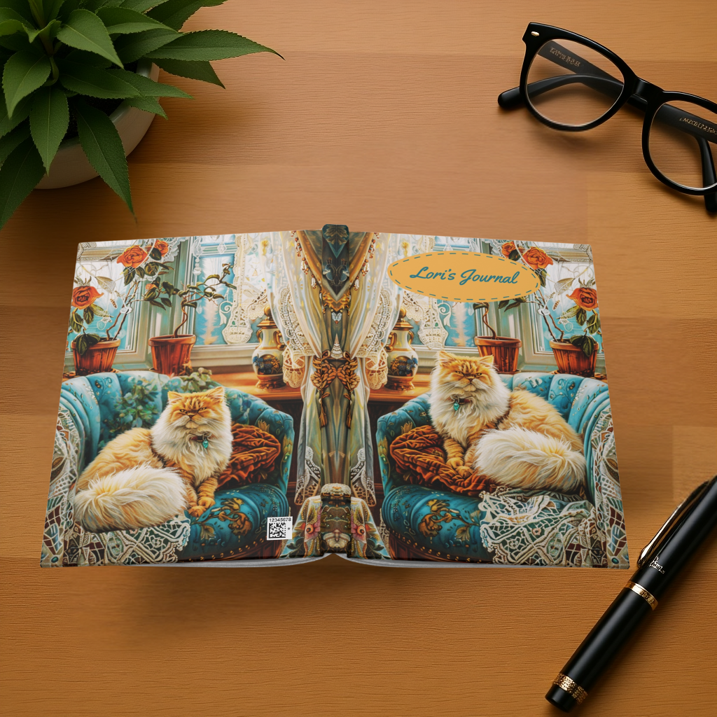 Quilted-Look Persian Cat Journal - Vintage Parlor Scene, Cat Lover Gift