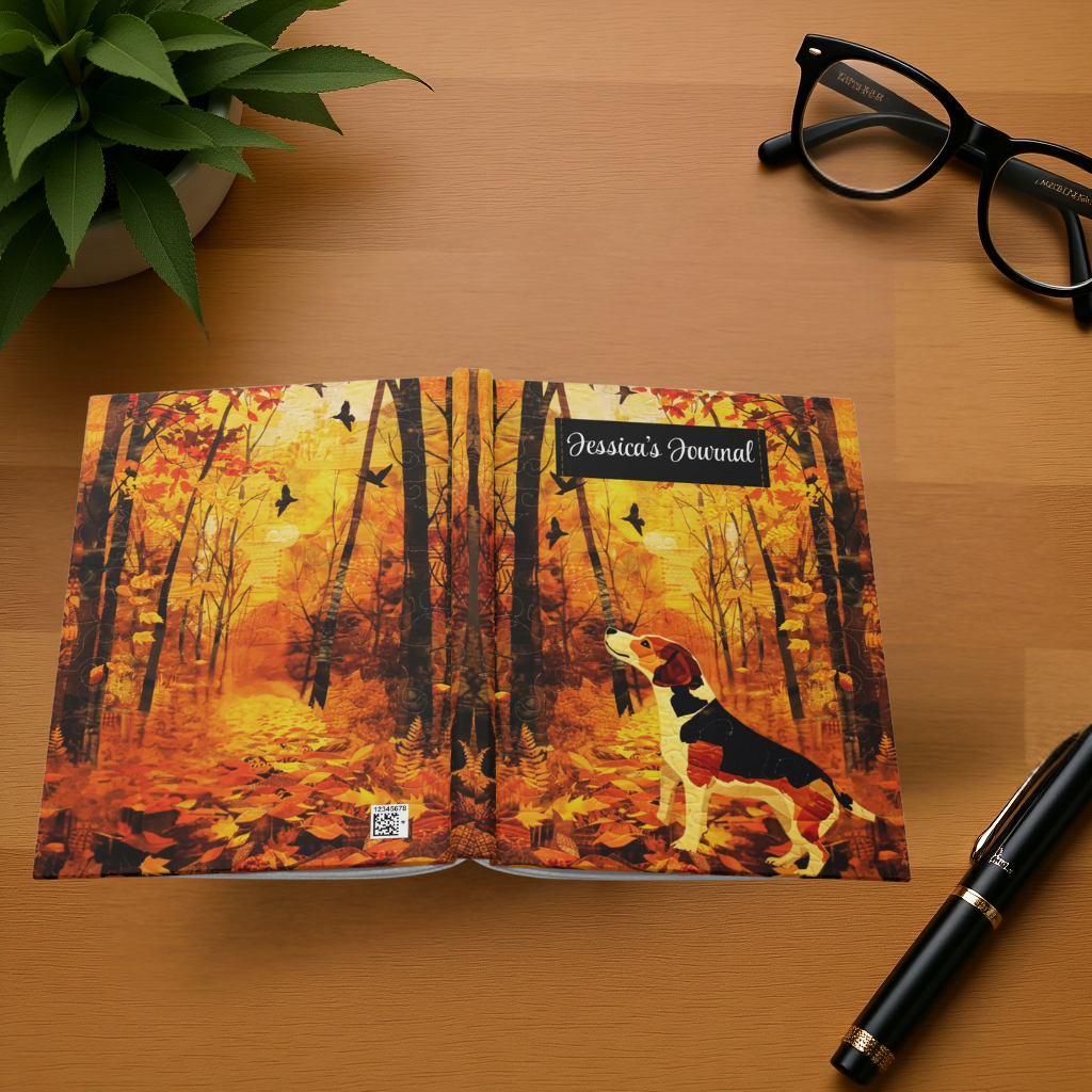Quilted-Look Beagle Journal - Autumn Woods Scene, Dog Lover Gift