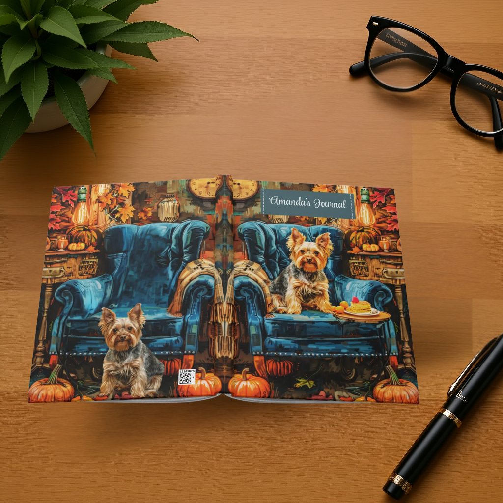 Quilted Yorkie Hardcover Journal - Cozy Autumn Armchair Scene